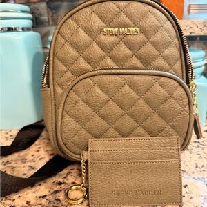 Steve Madden Quilted Mini Backpack and Card Holder in Taupe/Greenish
